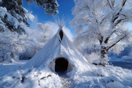 A teepee is surrounded by heavy snow and frosted trees under a clear blue winter sky.の写真素材
