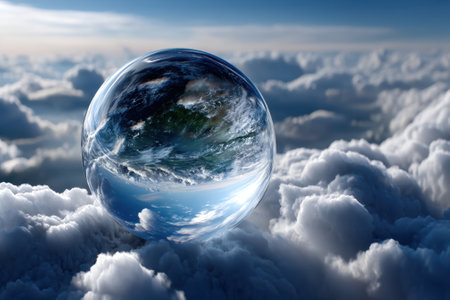 A glass globe rests on fluffy clouds, capturing a beautiful reflection of the Earth against the sunset sky.の写真素材