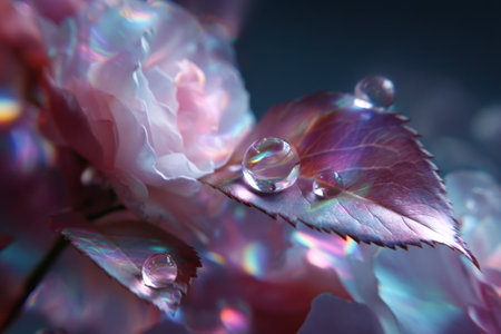Raindrops rest on vibrant rose petals, reflecting soft light and creating a magical atmosphere at dusk.の写真素材
