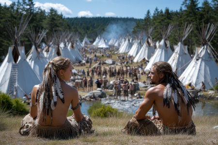 Two individuals in traditional attire sit peacefully, overlooking a vibrant gathering by the river and tepees.の写真素材