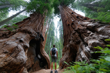 A person stands in awe among towering giant sequoia trees, surrounded by lush greenery and mist.の写真素材