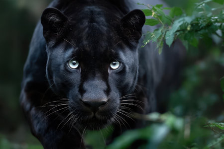 A black panther stealthily moves through lush green leaves, showing its striking blue eyes in low light.の写真素材