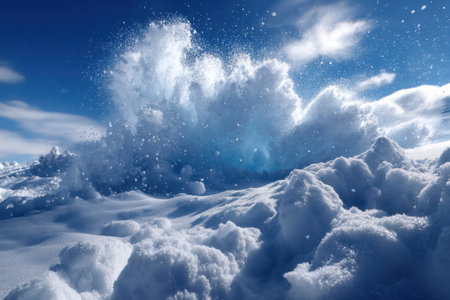 Powerful waves crash against a snowy landscape, creating dramatic splashes under a clear blue sky.の写真素材