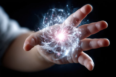 A hand extends outward, generating bright energy bursts in a dark environment, showing creativity and power.の写真素材