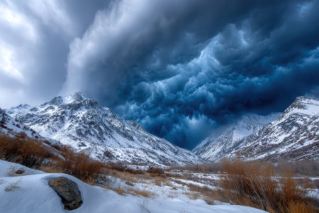 Snow blankets the rugged mountain peaks as dark clouds gather, hinting at an approaching storm.の写真素材