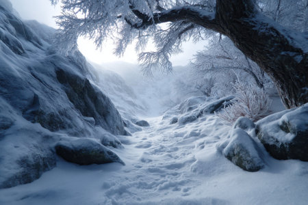 A tranquil winter morning featuring a path through snow-covered rocks and frosted trees in a serene landscape.の写真素材