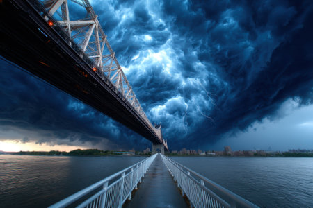 Dramatic storm clouds roll in as lightning illuminates the sky above a bridge and river during twilight.の写真素材