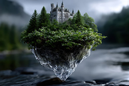 A surreal castle hovers over a calm body of water, embraced by vibrant greenery and misty surroundings.の写真素材