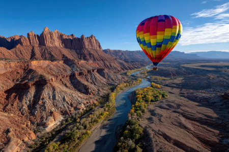 A colorful hot air balloon floats peacefully over a winding river surrounded by majestic canyons at dawn.の写真素材