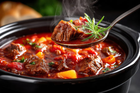 A hearty beef stew is served with tender meat, vegetables, and aromatic herbs in a slow cooker.の写真素材