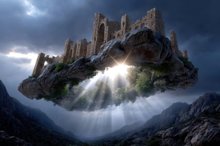 An ancient castle hovers above a valley, illuminated by rays of light peeking through ominous clouds during dusk.の写真素材
