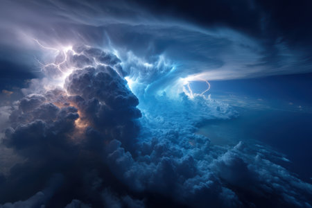 A powerful thunderstorm unleashes brilliant flashes of lightning within dark, swirling storm clouds at night.の写真素材
