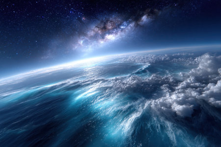 A stunning view captures the ocean waves illuminated by twilight, with a vast galaxy overhead.の写真素材