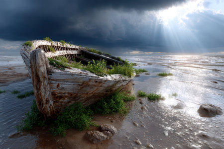 A rustic boat rests on a sandy shore, overgrown with greenery, as dark clouds loom above and sunlight breaks through.の写真素材
