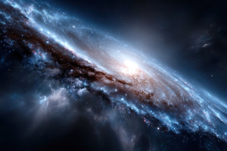 A beautiful spiral galaxy presents bright star clusters and glowing nebulae against a dark cosmic backdrop.の写真素材