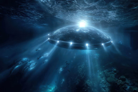 Bright lights illuminate the depths of the ocean as an unidentified craft hovers above aquatic creatures and coral.の写真素材