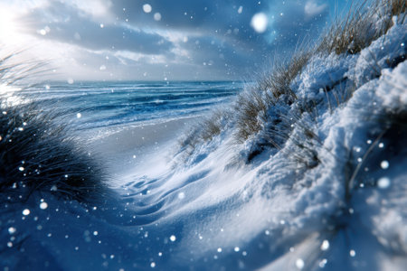 Snow covers coastal dunes as ocean waves crash in the background under a winter sky at sunset.の写真素材