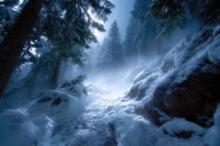 A serene forest path blanketed in snow, surrounded by towering trees and ethereal mist during winter.の写真素材
