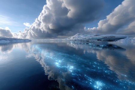 A captivating view of an ice-covered futuristic ship gliding over calm waters under a blue sky with clouds.の写真素材