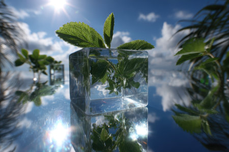 Mint leaves brightly sit inside transparent ice cubes, reflecting sunlight against a blue sky.の写真素材