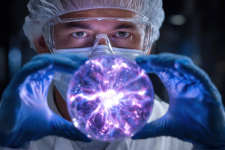A scientist in protective gear examines a glowing plasma orb, showing electrical energy patterns.の写真素材