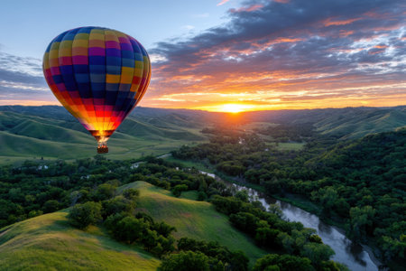 A vibrant hot air balloon ascends over rolling green hills as the sun rises, casting warm light across the valley.の写真素材