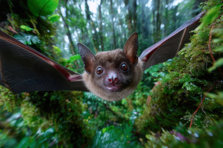 A curious bat hovers mid-air amid vibrant greenery in a tropical rainforest during daylight hours.の写真素材