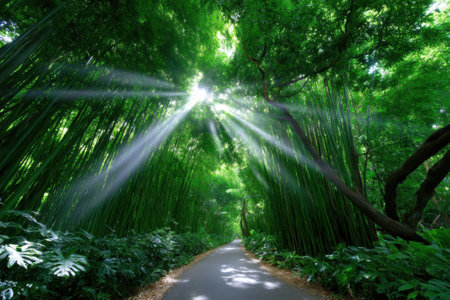 Sunlight streams down through the dense bamboo canopy, illuminating a winding path in the forest.の写真素材