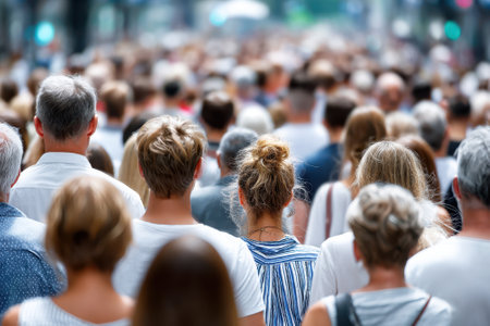 Numerous individuals stroll along a vibrant city street, enjoying a sunny afternoon. The crowd is diverse.の写真素材