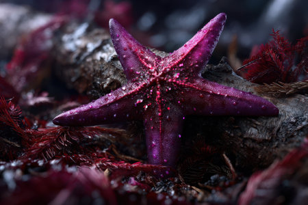 A vibrant purple starfish rests on a rugged ocean floor, surrounded by red seaweed and marine elements.の写真素材