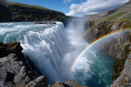 Powerful waterfall flows into vibrant turquoise river, creating a stunning double rainbow under a bright sky.の写真素材