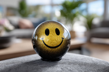 Brightly colored smiley ball rests on a soft surface, adding a cheerful touch to a modern living room filled with light.の写真素材