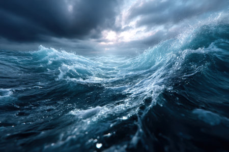 Waves crash energetically against each other while dark clouds loom overhead, creating a dramatic atmosphere.の写真素材