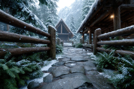 Snow covers a stone pathway leading to rustic wooden cabins, surrounded by tall trees and a serene winter atmosphere.の写真素材