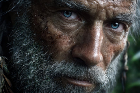 An elderly man with a bushy beard and brilliant blue eyes gazes intensely, surrounded by lush greenery.の写真素材
