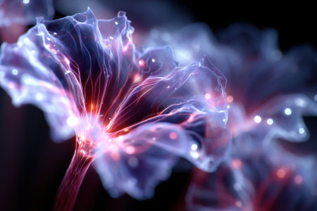 Intricate, glowing flowers emit soft light in a dark space, showing their ethereal beauty and vibrant colors.の写真素材