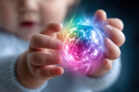 A young child, engaged and joyful, holds a vibrant glowing sphere in their hands, exploring its colors.の写真素材