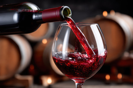 A bottle of red wine is being poured into a glass, with wooden wine barrels softly lit in the background.の写真素材