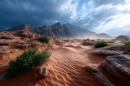 Windswept sand dunes stretch across the desert, framed by rugged mountains and moody clouds above.の写真素材