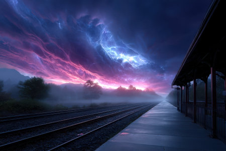 Vibrant colors light up the sky above a quiet train station at dusk, with tracks leading into the distance.の写真素材