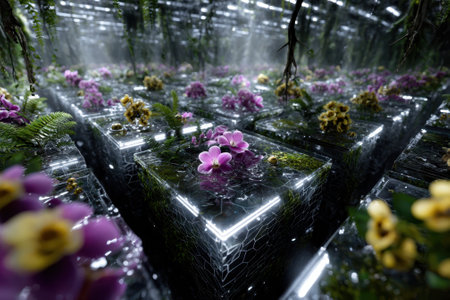 Colorful orchids and ferns grow in a high-tech greenhouse filled with neon lighting and mist.の写真素材