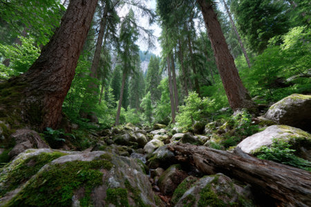 Sunlight filters through tall trees, lighting up a mossy forest floor and creating a tranquil atmosphere.の写真素材