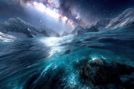 Majestic mountains rise above a tranquil ocean, illuminated by a breathtaking night sky filled with stars.の写真素材