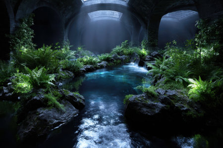 A tranquil underground setting featuring clear water, stones, and vibrant ferns illuminated by soft light.の写真素材
