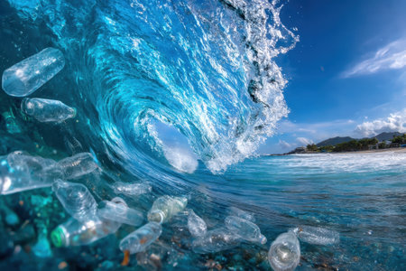 Vibrant waves roll over a beach littered with plastic bottles under a clear blue sky, highlighting pollution.の写真素材