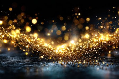 Golden particles shimmer and dance against a dark background, creating a stunning visual display of light.の写真素材