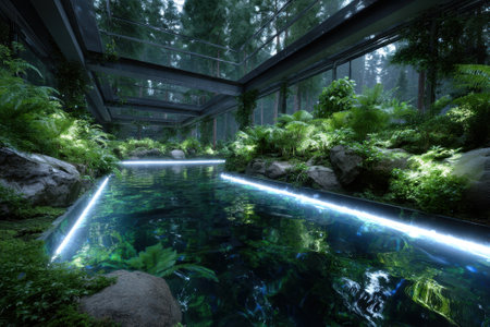 A serene pool of water surrounded by vibrant ferns and illuminated pathways in a forested setting.の写真素材