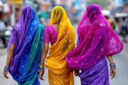 Three women in vibrant saris stroll through a bustling market street, showcasing the lively atmosphere.の写真素材