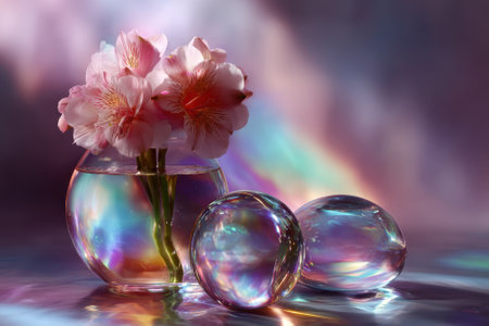 Delicate pink flowers inside a glass vase alongside crystal spheres on a vibrant, reflective surface.の写真素材