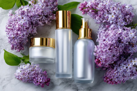 Three skincare bottles and jars are beautifully displayed with vibrant lilac flowers, creating a serene ambiance.の写真素材